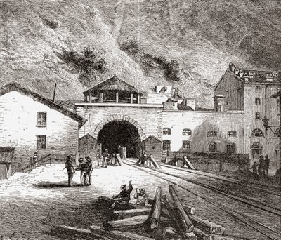 De Fréjus-spoortunnel ook wel de Mont Cenis-tunnel genoemd, Europese Alpen, vanaf de Italiaanse kant in de late 19e eeuw. Uit Italiaanse afbeeldingen door Rev. Samuel Manning, gepubliceerd ca. 1890. door Reverend Samuel Manning