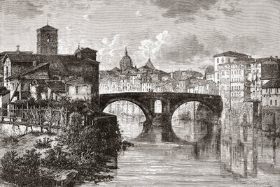 De Pons Fabricius, of Ponte dei Quattro Capi, en Tiber-eiland, Rome, Italië in de late 19e eeuw. Uit Italiaanse Afbeeldingen door Rev. Samuel Manning, gepubliceerd ca. 1890. door Reverend Samuel Manning