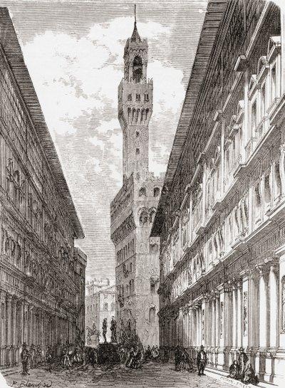 De Uffizi, het Palazzo Vecchio en beelden op Piazza della Signoria, Florence, Italië in de late 19e eeuw. Uit 