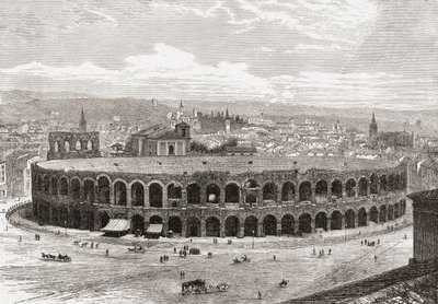 De Arena van Verona, Piazza Bra, Verona, Italië in de late 19e eeuw. Uit Italiaanse afbeeldingen door Rev. Samuel Manning, gepubliceerd ca. 1890. door Reverend Samuel Manning