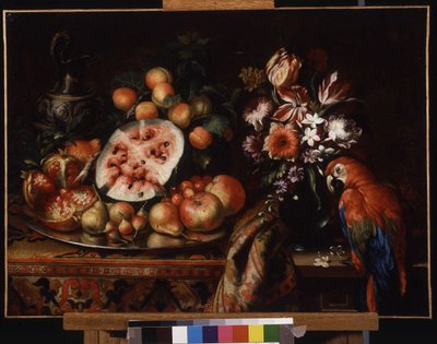 Stilleven met rode papegaai (en fruit) door Reynaud Levieux