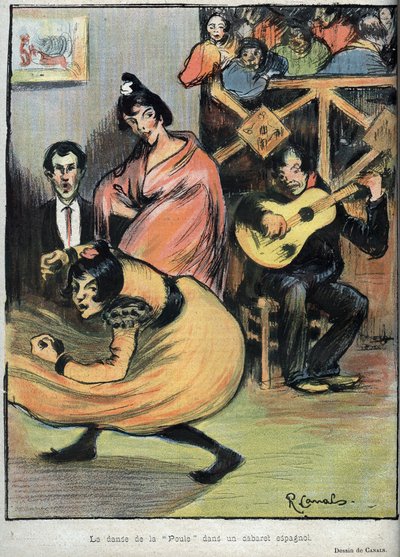 De dans van de hen in een Spaans cabaret - tekening door R. Canals in Le Rire van 1898. door Ricardo Canals y Llambi
