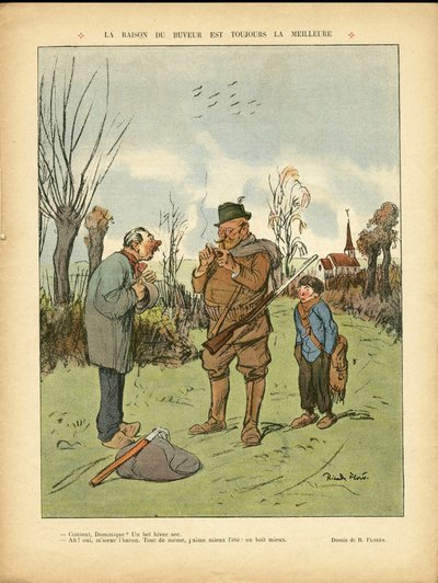 Illustratie door Ricardo Flores (1878-1918) in Le Lire, 04/01/13 - De reden van de drinker is altijd de beste - Campagne, Kindertijd, Jacht jager, Kathedralen Kerken, Alcohol Alcoholisme door Ricardo Flores