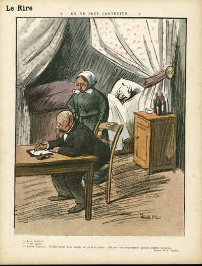 Illustratie door Ricardo Flores (1878-1918) in Le Lire, 08/02/13 - Men kan niet tevreden stellen - Medisch, Interieurarchitectuur door Ricardo Flores