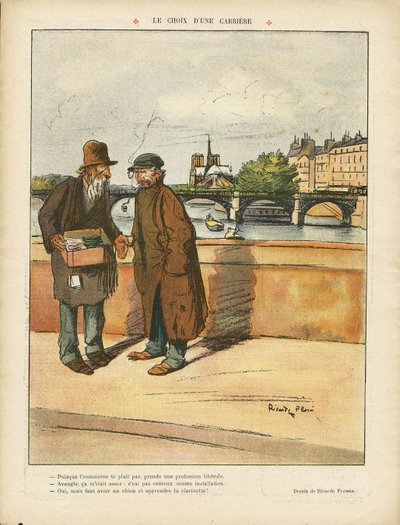 Illustratie door Ricardo Flores (1878-1918) in Le Rire, 06/03/09 - De keuze van een carrière - Parijs, Architectuur, Armoede, Brug, Rivier, Kerken, Kathedralen, Seine (rivier) door Ricardo Flores