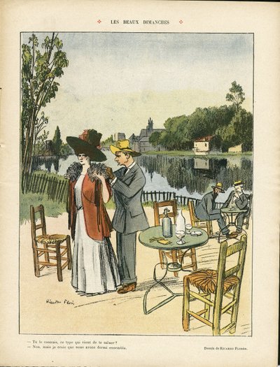 Illustratie van Ricardo Flores (1878-1918) in Le Rire, 04/07/08 - Mooie zondagen - Vrije tijd, Natuur, Architectuur, Restaurant, Cafés, Zee door Ricardo Flores