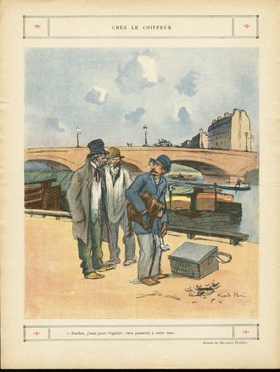 Illustratie van Ricardo Flores (1878-1918) in Le Rire, 05/10/12 - Bij de kapper - Parijs, Beroepen, Stedelijke architectuur, Brug, Rivier - Hond, Kapper door Ricardo Flores
