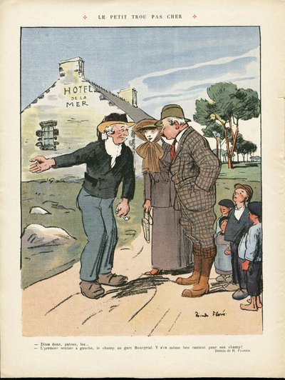Illustratie van Ricardo Flores (1878-1918) in Le Rire, 20/07/12 - Het goedkope kleine gat - Platteland, Mode, Maritieme Marine Kust, Mannenmode, Toerisme Toeristen, Hotel door Ricardo Flores
