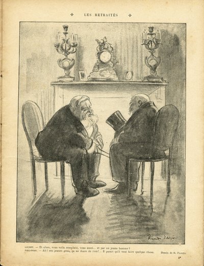 Illustratie van Ricardo Flores (1878-1918) in Le Rire, 22/02/13 - Pensioenen - President van de Republiek - Fallieres Armand (1841-1931), Loubet Emile door Ricardo Flores
