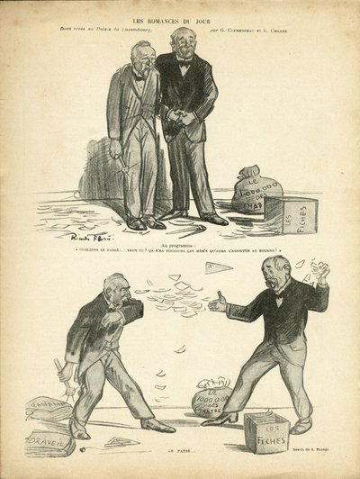 Illustratie van Ricardo Flores (1878-1918) in Le Rire, 28/12/12 - Romantiek van de dag - Geval van Panama, Geval van dossiers, Repressie - Miljoen van de Chartreux - Combes Emile (1835-1921), Clemenceau George door Ricardo Flores