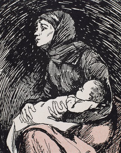 Kerstavond. 1900. Een magere vrouw met haar kind in haar armen (gravure) door Ricardo Maria Navarrete