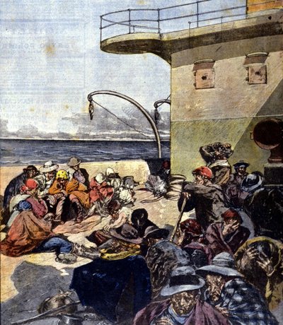 Italiaanse emigratie naar Canada; de reis aan boord van de Lake Megantic verliep onder vrij moeilijke omstandigheden. Ill. door R. Pellegrini. La Domenica del corriere. 02/06/1901. door Riccardo Pellegrini