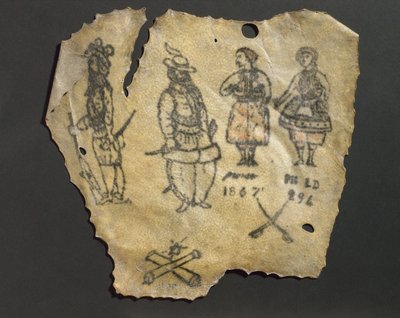 Getatoeëerde menselijke huid met figuren, waarschijnlijk Frans door John Pardon