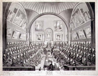 De Lord Mayor, wethouders en gemeenteraad in de raadszaal van Guildhall, Londen, gegraveerd door Thomas Sutherland, gepubliceerd in 1825 door Richard (after) Dighton