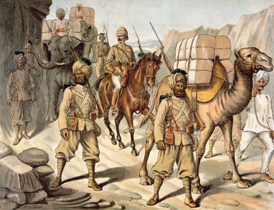 Begeleiding van de 20e Bengal (Punjab) Inheemse Infanterie, Veldservicekit, het Anglo-Indiase leger van de jaren 1880 door Richard (after) Simkin