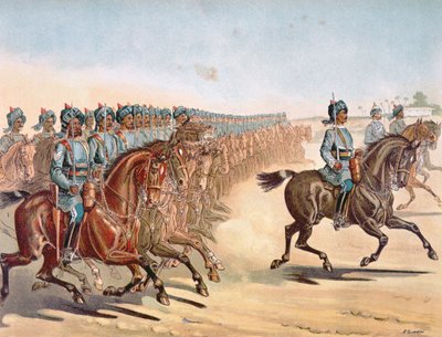 De 3e Madras Lichte Cavalerie, review order, Anglo-Indiase leger van de jaren 1880 (kleur litho) door Richard (after) Simkin