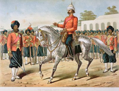 De 7e Bengal Infanterie op parade, het Anglo-Indiase leger van de jaren 1880 (kleur litho) door Richard (after) Simkin