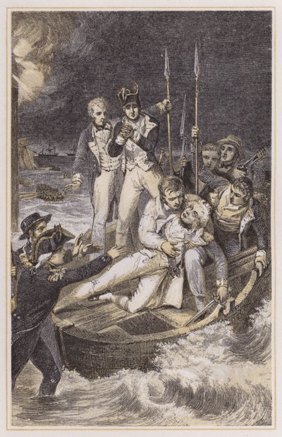 Nelson door de arm geschoten (gekleurde gravure) door Richard (after) Westall