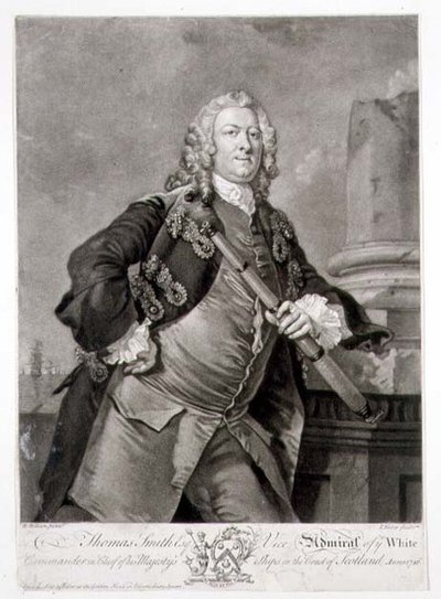 Portret van admiraal Thomas Smith, vice-admiraal van de Witte Vloot, gegraveerd door John Faber 1746 door Richard (after) Wilson