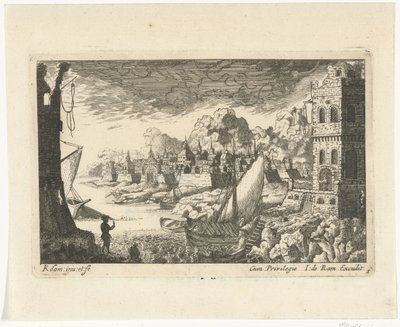 Stadsgezicht met vissershaven en aanmerend bootje door Richard Adam