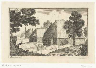 Twee boerenhuizen met een pijp rokende man door Richard Adam
