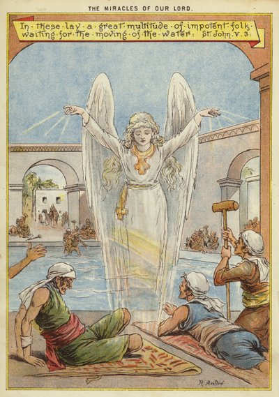 De Wonderen van Christus: zieke mensen wachten op het bewegen van het water door een engel door Richard Andre
