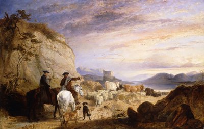 Hoogland drijvers en honden die hun schapen en vee drijven in een rotsachtig bebost landschap door Richard Ansdell