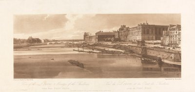 Zicht op het Louvre en de Brug van de Thuilleries, genomen vanaf Pont Neuf. 1802; Plaat 2 uit Zichten in Parijs, het Emanuel Volume Tracering van de plaat, B1981.25.2613 door Richard Banks Harraden