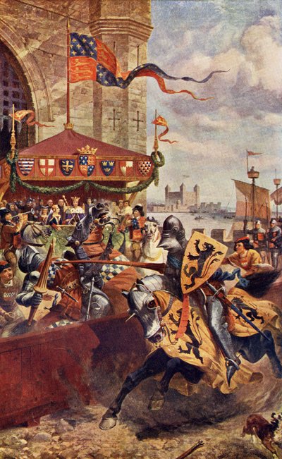 Plechtige Toernooi op de London Bridge tussen David de Lyndsays en Lord John de Welles in 1390, illustratie uit 
