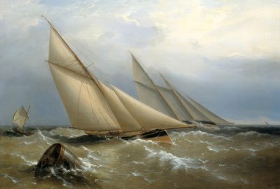 Een schoener en kotterjacht rond een boei door Richard Brydges Beechey