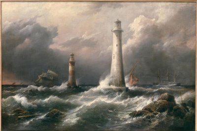 H.M.S. Lord Warden bij de Eddystone Vuurtorens door Richard Brydges Beechey