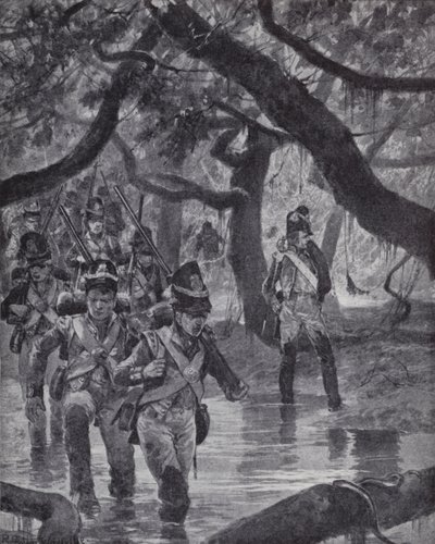 Britse soldaten steken de moerassen van de Essequibo-rivier over in Brits Guyana door Richard Caton II (after) Woodville