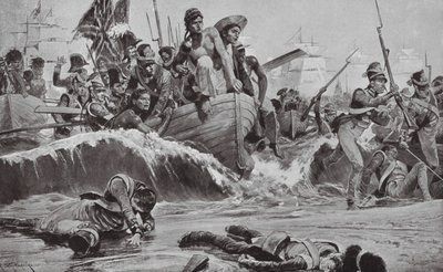 De Britse troepen forceren een landing bij Aboukir Bay tegenover de Franse batterijen door Richard Caton II (after) Woodville