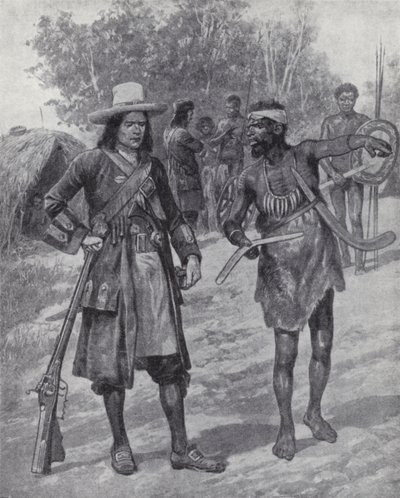 William Dampier met een inheemse man tijdens zijn verkenning van Australië, eind 17e eeuw door Richard Caton II (after) Woodville