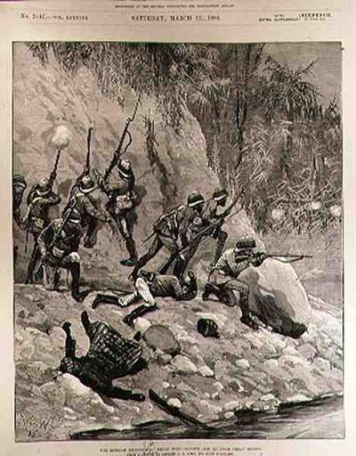 De Birma Expeditie: Gevecht met Dacoits, 12 januari, nabij Shoay Green, uit The Illustrated London News, 13 maart 1886 door Richard Caton II Woodville