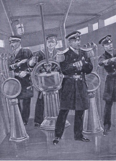Admiraal Togo in de commandotoren van zijn vlaggenschip, een zeeslag leidend, illustratie uit Cassells History of the Russo-Japanese War Vol 1, ca. 1900 door Richard Caton Woodville