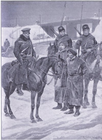 Arrestatie van Japanse spionnen ontdekt als koelies, illustratie uit Cassells History of the Russo-Japanese War Vol 1, ca. 1900 door Richard Caton Woodville