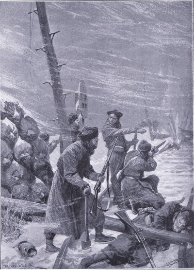Aanval op de spoorweg door Chunchuses, illustratie uit Cassells History of the Russo-Japanese War Vol 1, ca. 1900 door Richard Caton Woodville