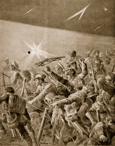 Britse infanterie die zich een weg baant door Duitse prikkeldraadversperringen door Richard Caton Woodville