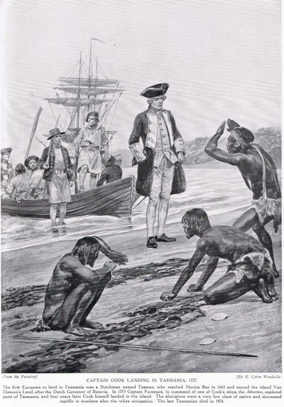 Kapitein Cook landt in Tasmanië, 1777, illustratie uit 
