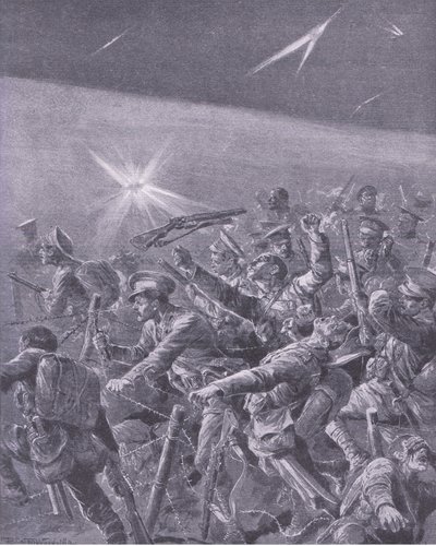 Gevangen in prikkeldraadversperringen: Nachtelijke aanval door Britse infanterie, uit Geschiedenis van de Grote Oorlog Vol 3 gepubliceerd door Waverley Book Co Limited, ca. 1920 door Richard Caton Woodville