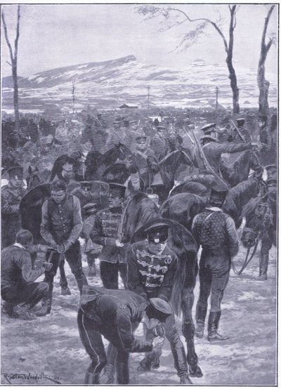 Japanse cavaleriekamp bij Seoel: Hoefsmid aan het werk, illustratie uit Cassells History of the Russo-Japanese War Vol 1, ca. 1900 door Richard Caton Woodville