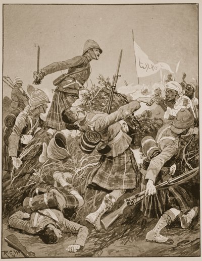 De Seaforth Highlanders bestormen de zareba bij de Slag om Atbara, illustratie uit 