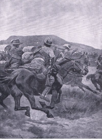 Yeomanry valt De Wets achterhoede en transport aan, uit Na Pretoria: De Guerrillaoorlog gepubliceerd door Harmsworth Bros Limited, 1901 door Richard Caton Woodville