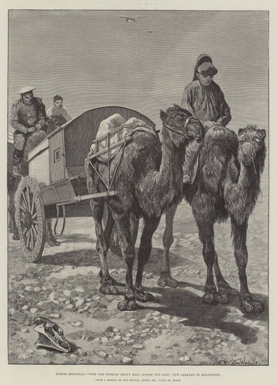 Door Mongolië, met de Russische zware post door de Gobi, onze karavaan midden in de woestijn door Richard Caton Woodville junior