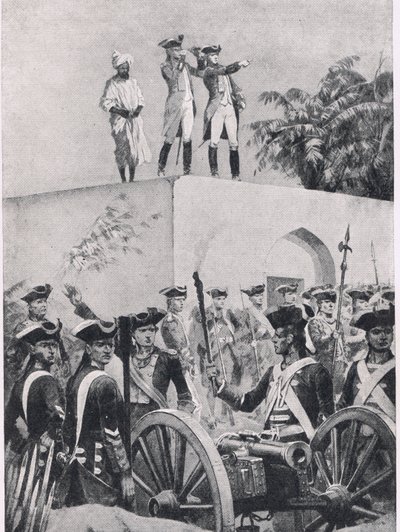 Slag bij Plessey, 23 juni 1757: Clive op het dak van Nawab Surat-ud-Daulas jachthuis, illustratie uit British Battles on Land and Sea, 1915 door Richard Caton Woodville junior