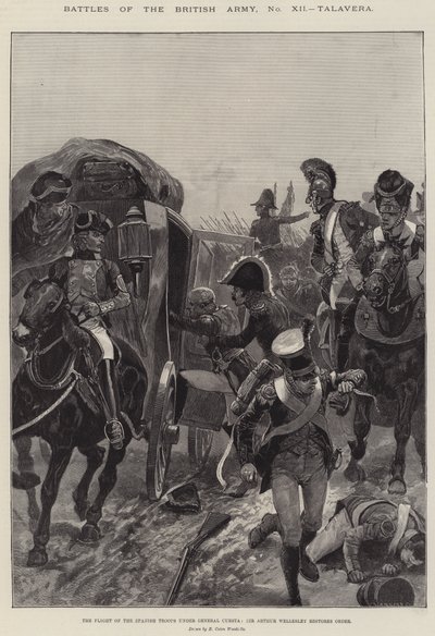 Slagen van het Britse Leger, Talavera, de Vlucht van de Spaanse Troepen onder Generaal Cuesta, Sir Arthur Wellesley herstelt de Orde door Richard Caton Woodville junior