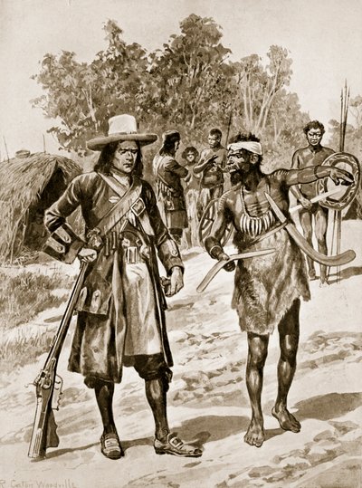 Dampier onderzoekt een boemerang in Australië, illustratie uit 