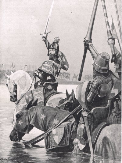 Edward III steekt de Somme over voor de Slag bij Crecy, illustratie uit 