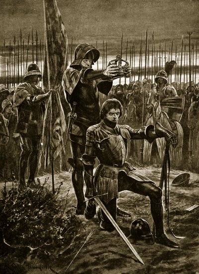 Henry VII gekroond in Bosworth, illustratie uit 